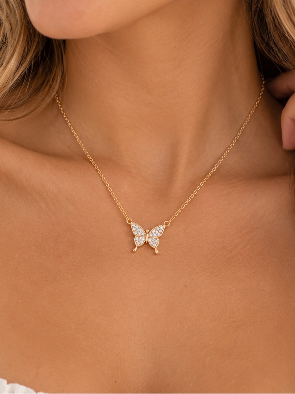 Gold Butterfly Pave Rhinestone Pendant Necklace NWT